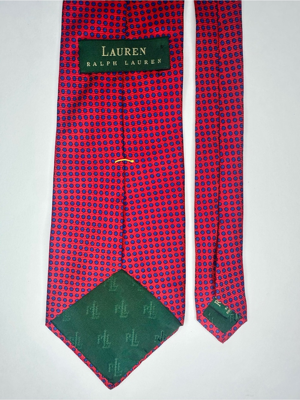 Vintage LAUREN RALPH LAUREN Red & Blue Polka Dot Classic 100% Silk Tie, 3.75” - Picture 4 of 8